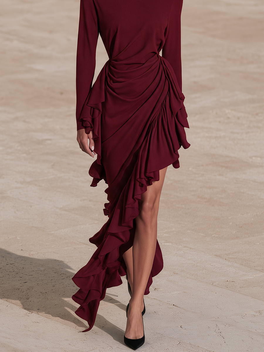 Women's Ruffled Ruched Midi Dress Burgundy Evening Gown