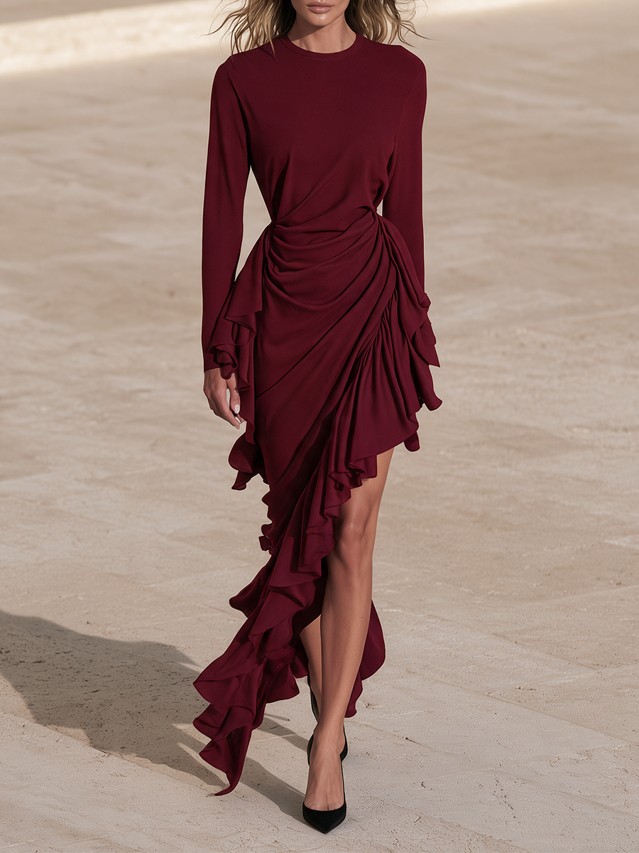 Women's Ruffled Ruched Midi Dress Burgundy Evening Gown