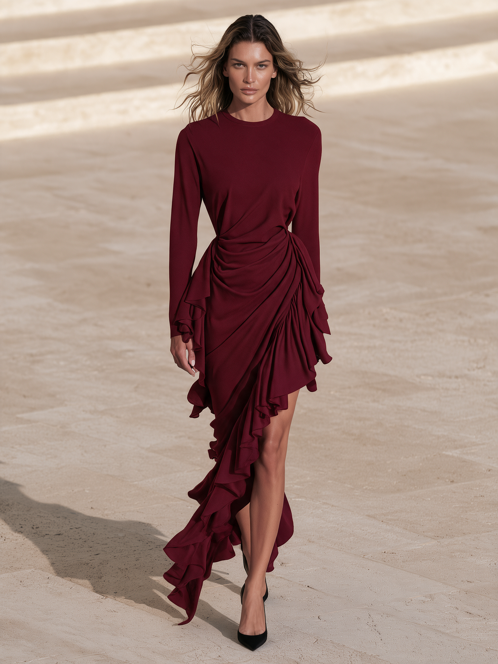 Women's Ruffled Ruched Midi Dress Burgundy Evening Gown