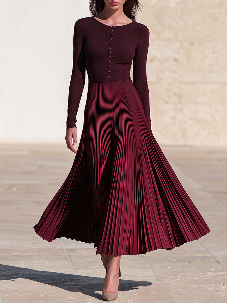 Women's Boat Neck Pleated Dress Burgundy Cocktail Attire
