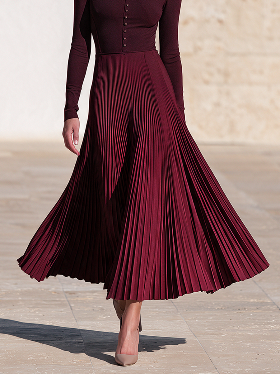 Women's Boat Neck Pleated Dress Burgundy Cocktail Attire