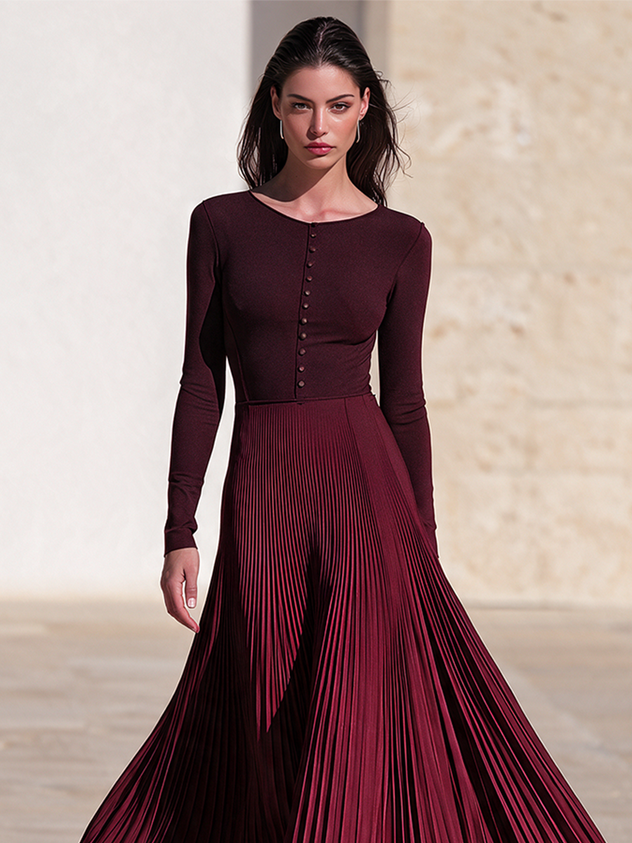Women's Boat Neck Pleated Dress Burgundy Cocktail Attire