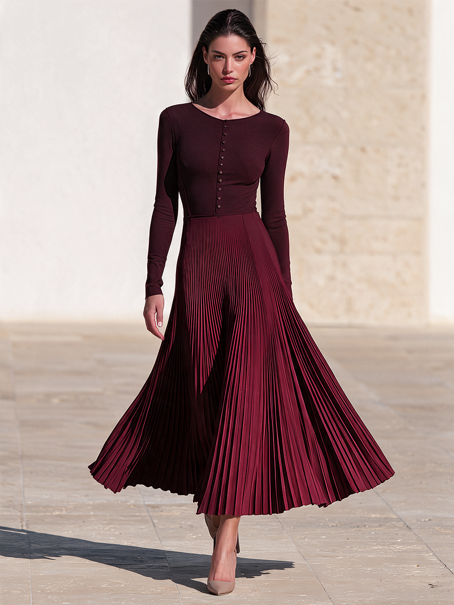 Women's Boat Neck Pleated Dress Burgundy Cocktail Attire
