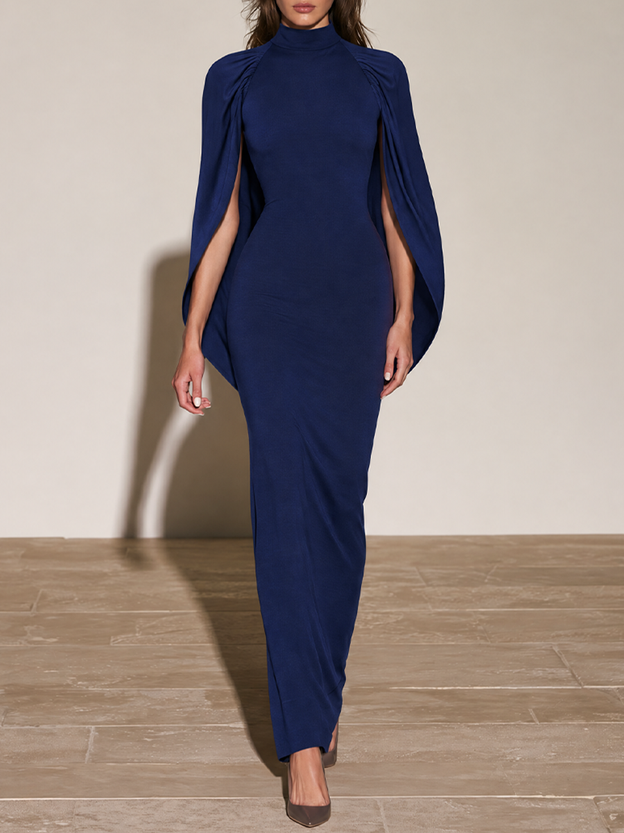Women's Navy Blue Mock Neck Cape Sleeve Bodycon Maxi Dress