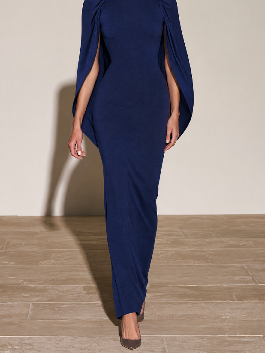 Women's Navy Blue Mock Neck Cape Sleeve Bodycon Maxi Dress
