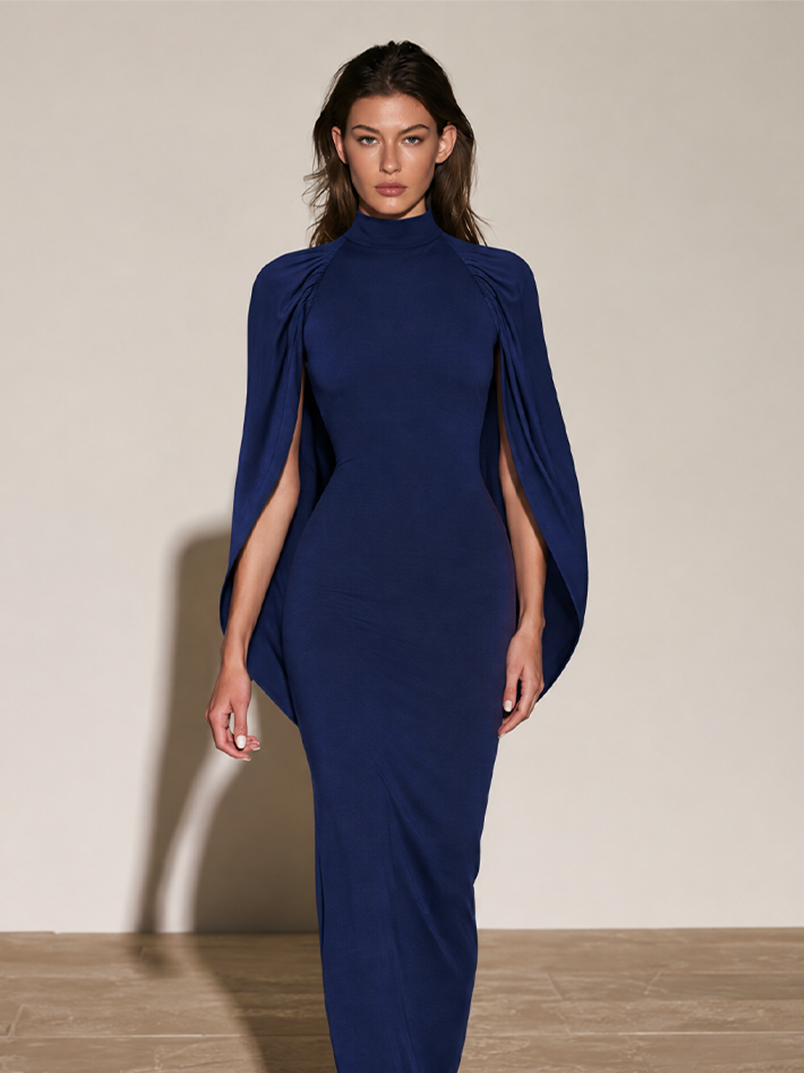 Women's Navy Blue Mock Neck Cape Sleeve Bodycon Maxi Dress