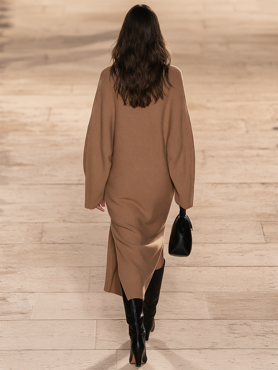 Women's Cowl Knit Maxi Dress Camel Office Outfit