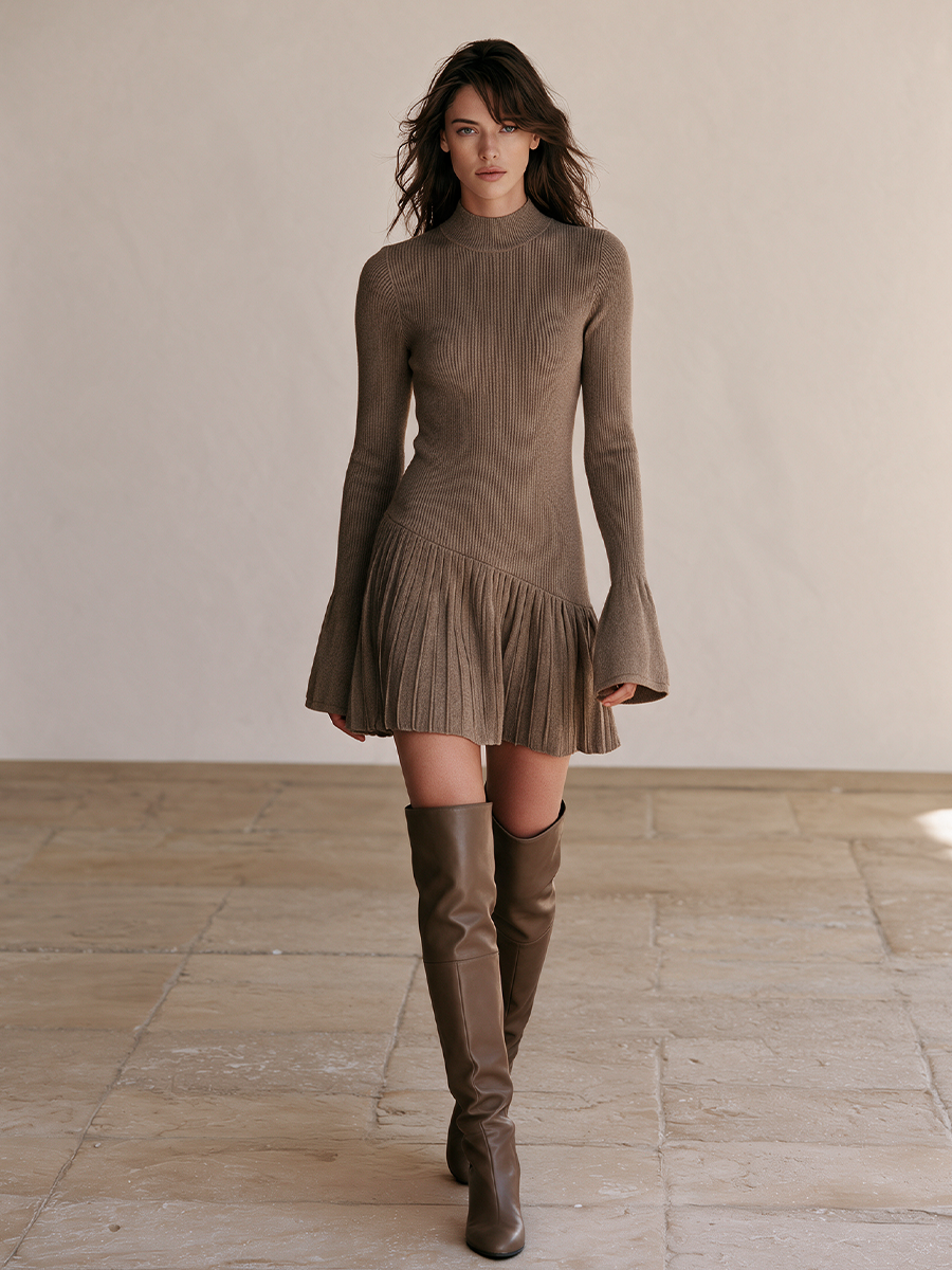 Women's Flare Sleeve Knit Dress Taupe Office Wear
