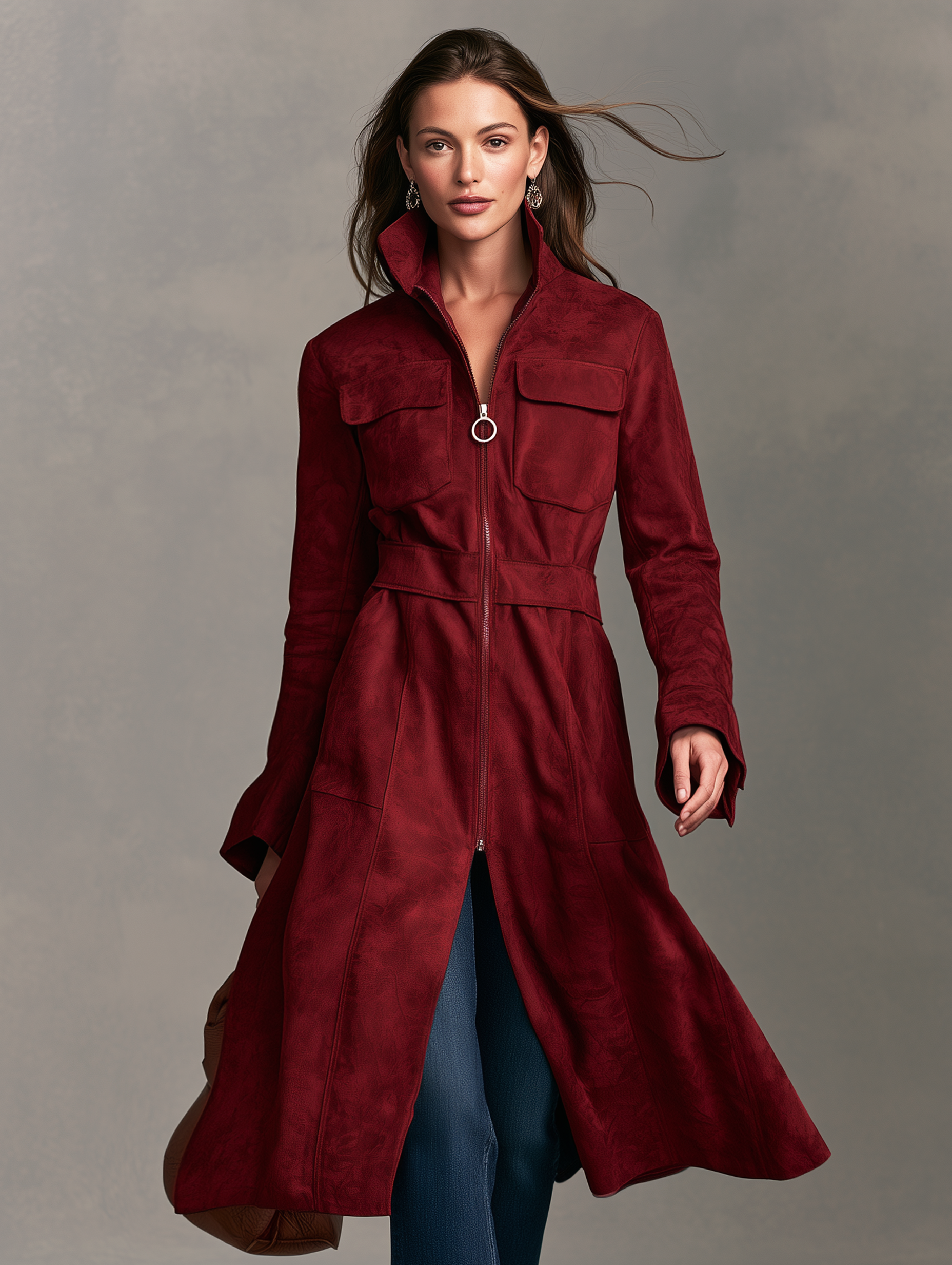 Women's Casual Red Suede Long-sleeved Coat