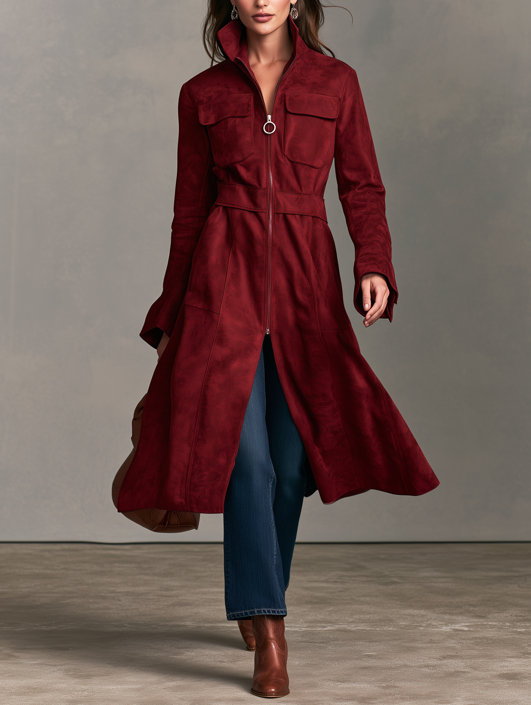 Women's Casual Red Suede Long-sleeved Coat
