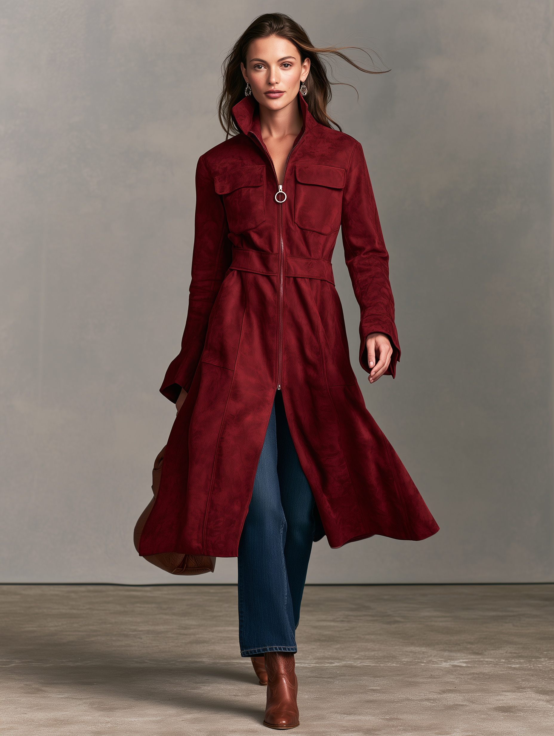 Women's Casual Red Suede Long-sleeved Coat