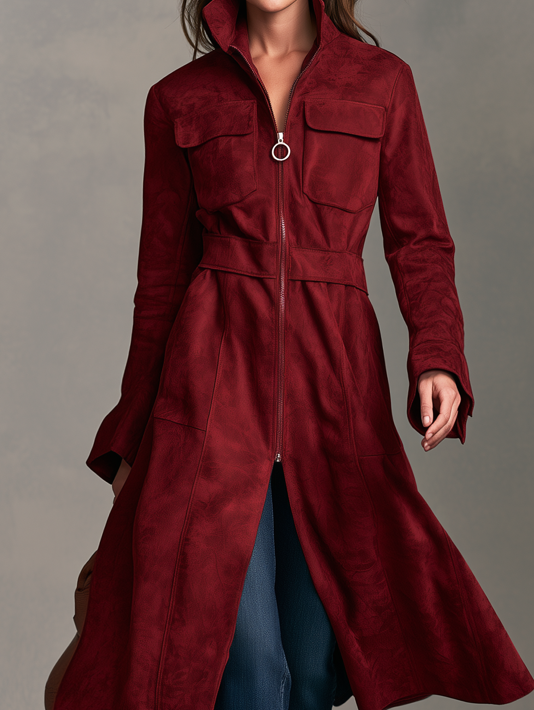 Women's Casual Red Suede Long-sleeved Coat