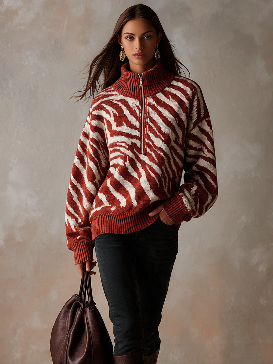 Women's Zebra-Print Half-Zip High-Neck Knit Top