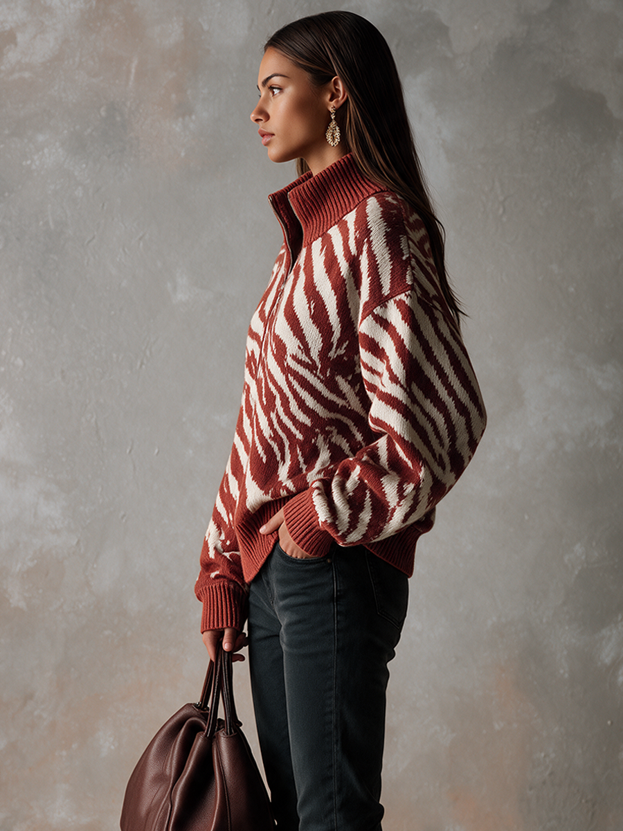 Women's Zebra-Print Half-Zip High-Neck Knit Top