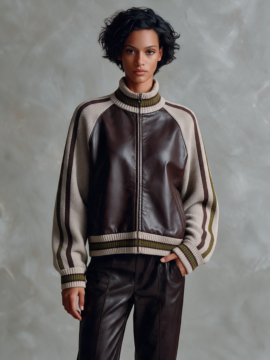 Women's Retro Color-Block Leather & Knit Panel Jacket