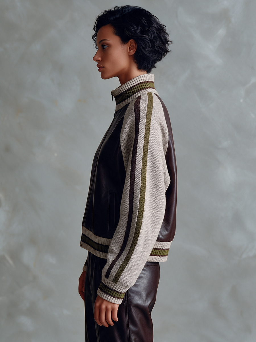 Women's Retro Color-Block Leather & Knit Panel Jacket