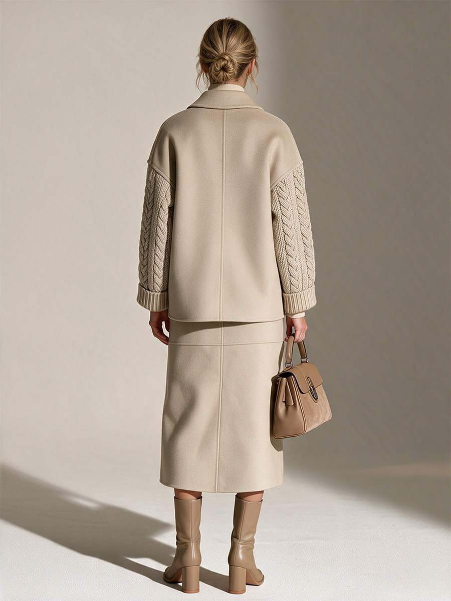 Women's Collared Button-Front Drop-Shoulder Wool-and-Cable-Knit-Sleeve Cropped Jacket