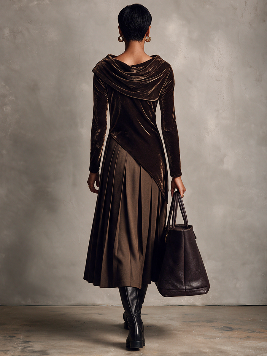 Women's Affordable Luxury Velvet-Panel Long-Sleeve Dress