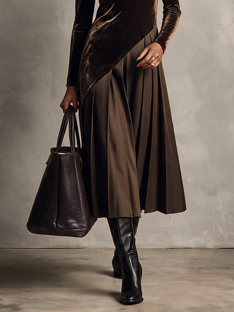 Women's Affordable Luxury Velvet-Panel Long-Sleeve Dress