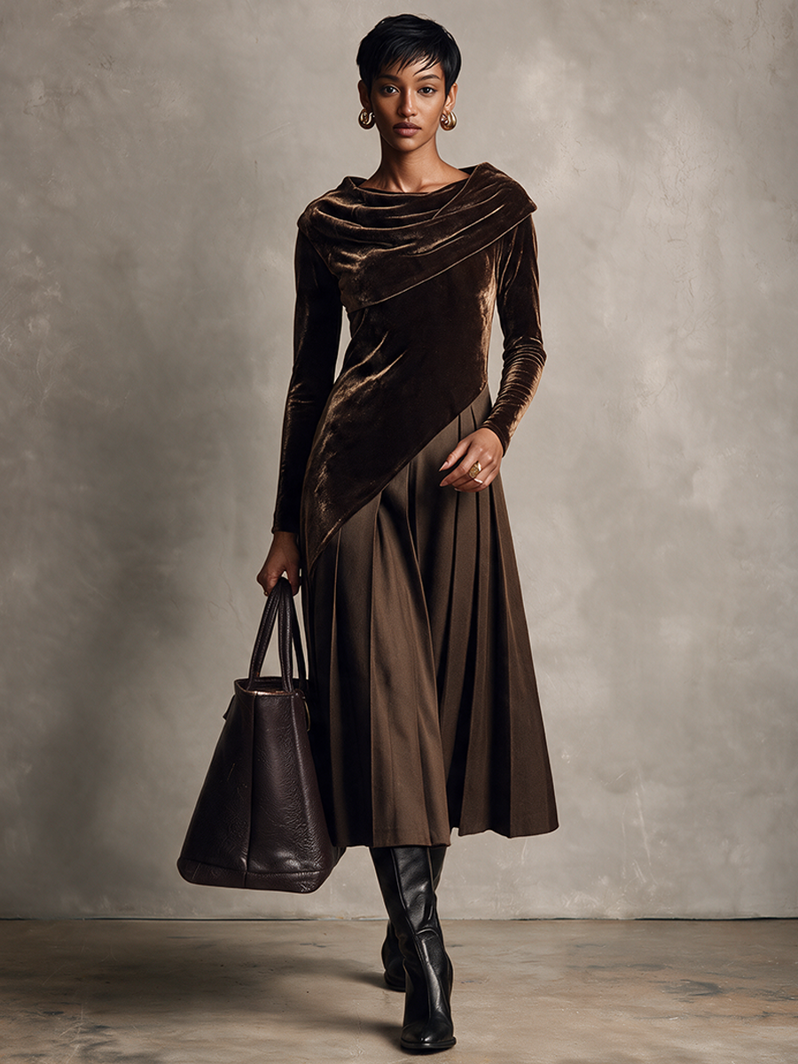 Women's Affordable Luxury Velvet-Panel Long-Sleeve Dress