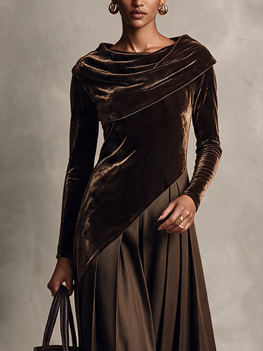 Women's Affordable Luxury Velvet-Panel Long-Sleeve Dress