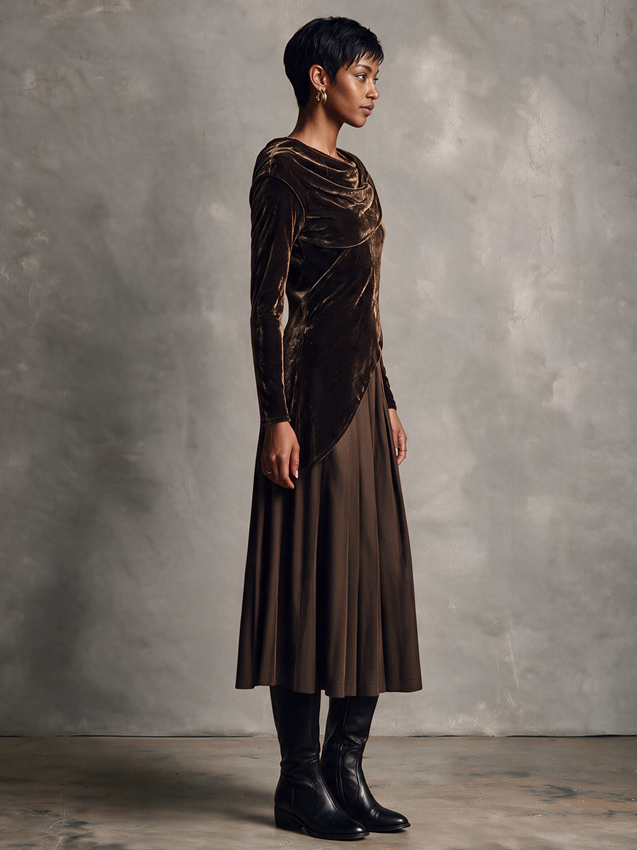 Women's Affordable Luxury Velvet-Panel Long-Sleeve Dress