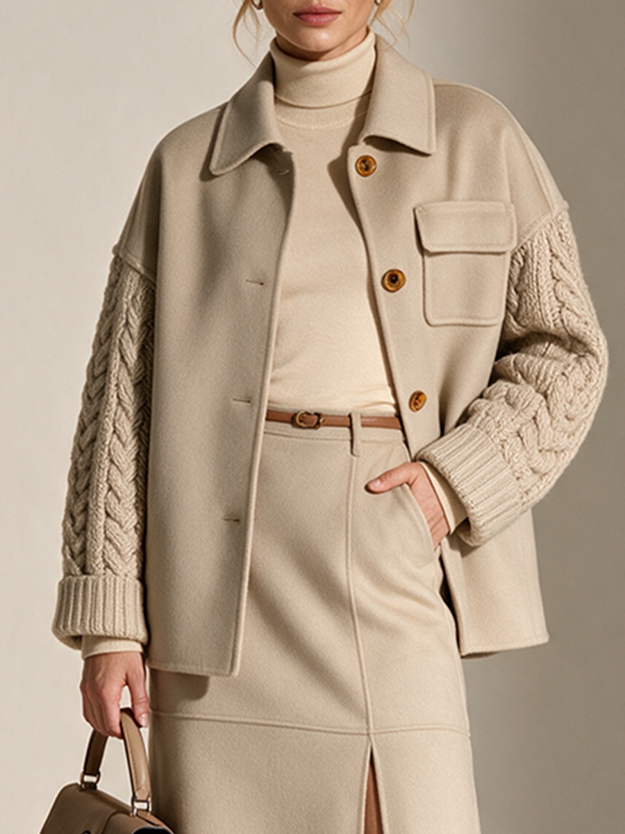 Women's Collared Button-Front Drop-Shoulder Wool-and-Cable-Knit-Sleeve Cropped Jacket
