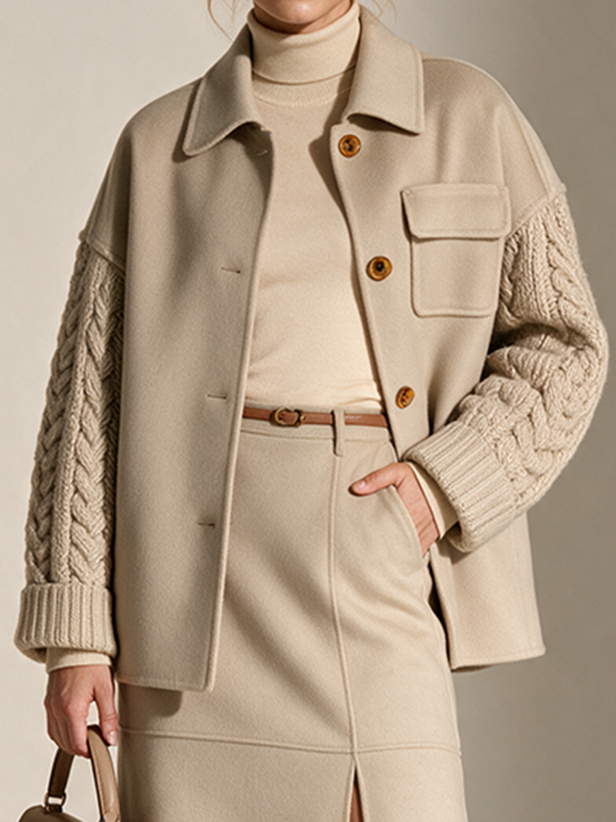 Women's Collared Button-Front Drop-Shoulder Wool-and-Cable-Knit-Sleeve Cropped Jacket