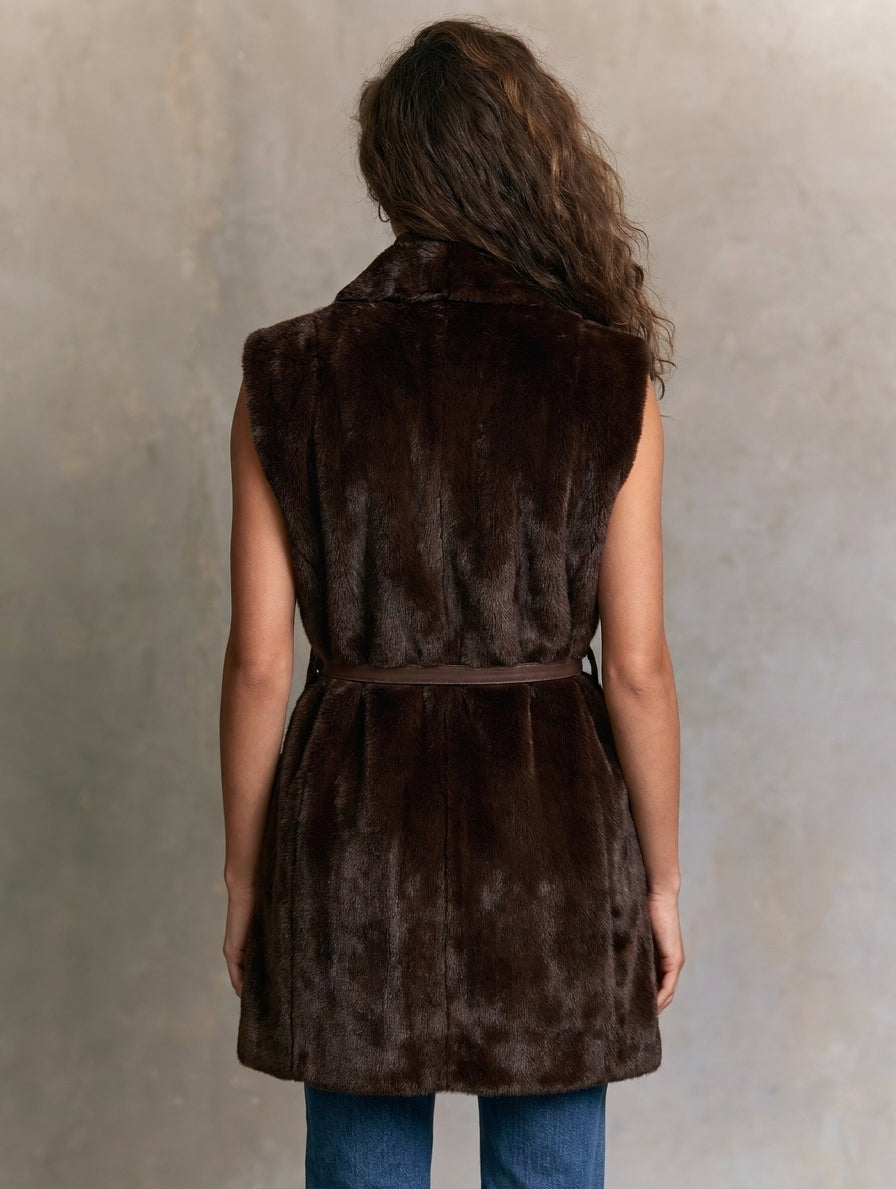 Women's Casual Dark Brown Faux Fur Sleeveless Coat (Belt Included)