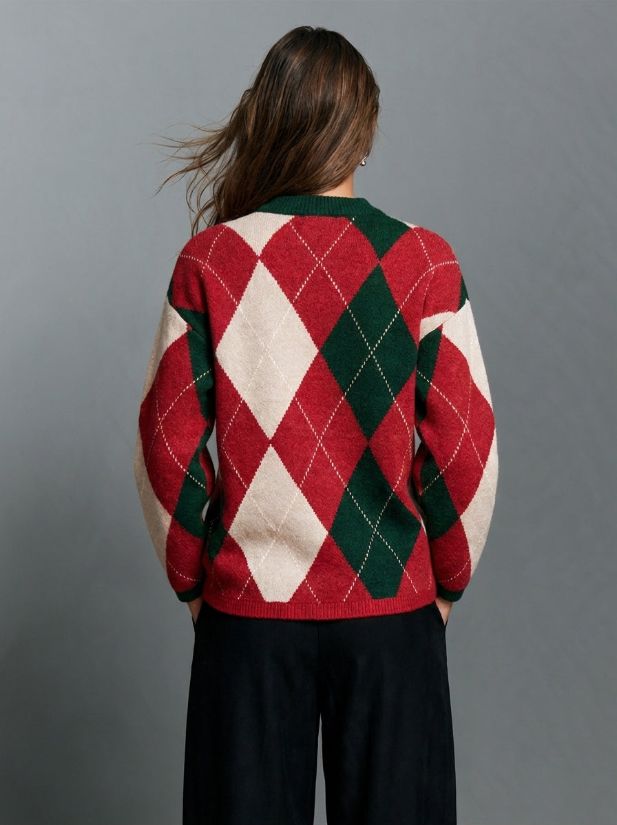 Women's Casual Long-Sleeve Knit Sweater In Red And White Christmas Colors
