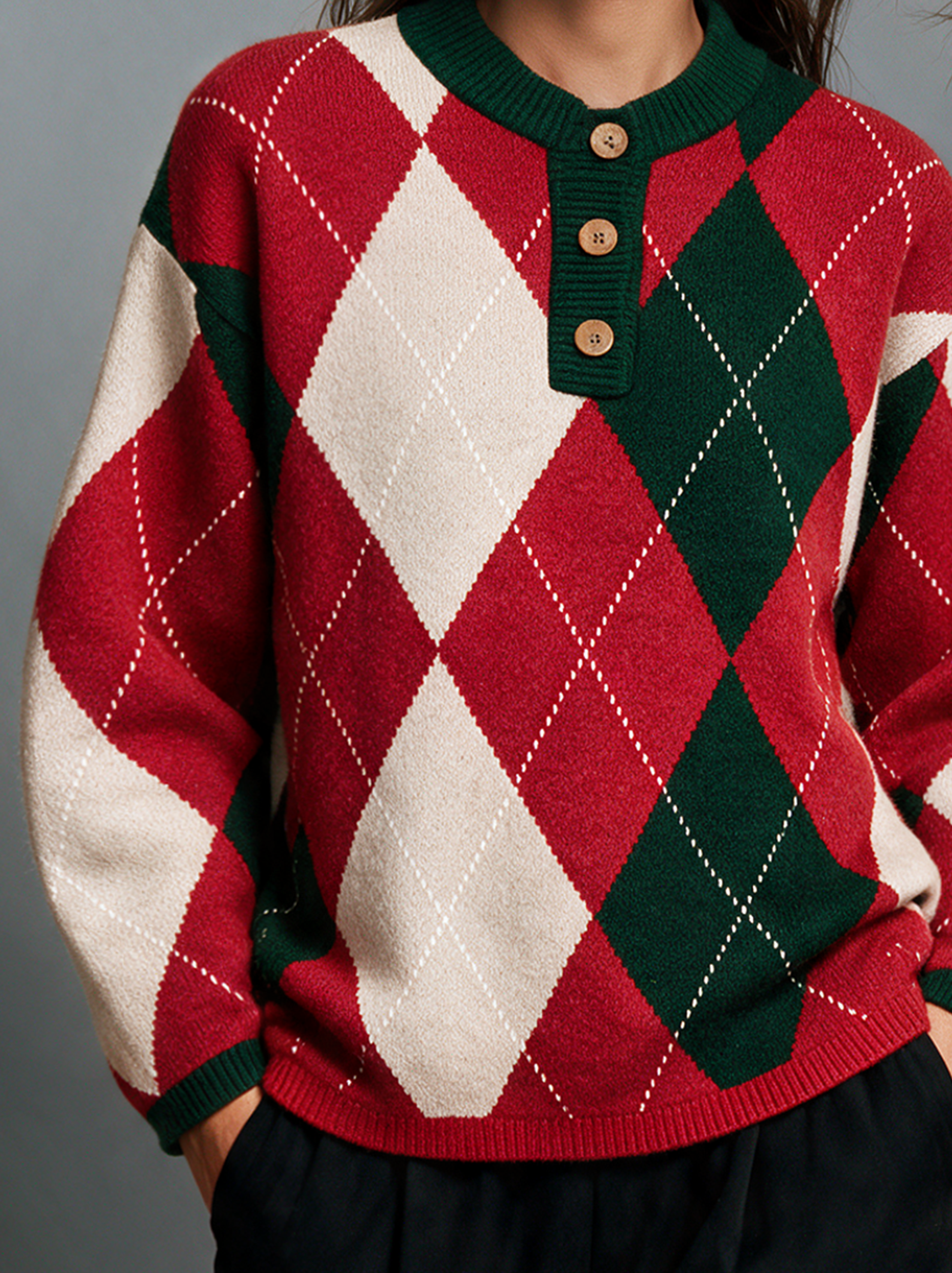Women's Casual Long-Sleeve Knit Sweater In Red And White Christmas Colors