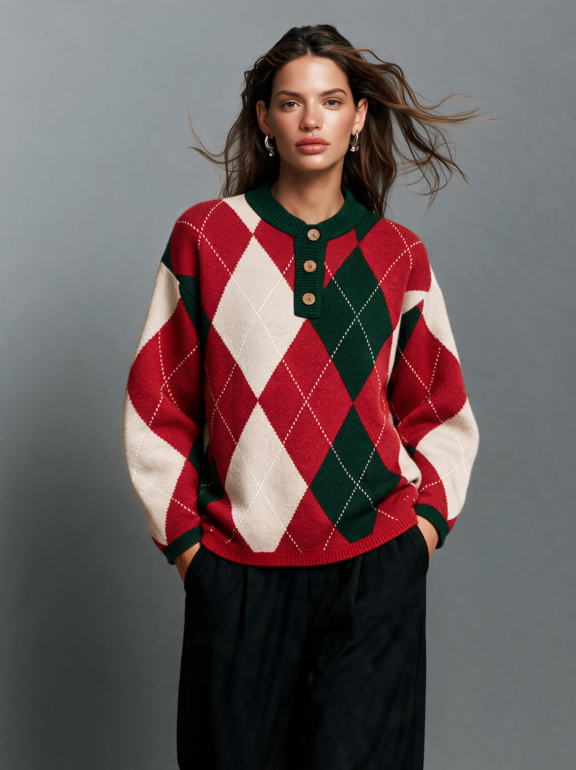Women's Casual Long-Sleeve Knit Sweater In Red And White Christmas Colors