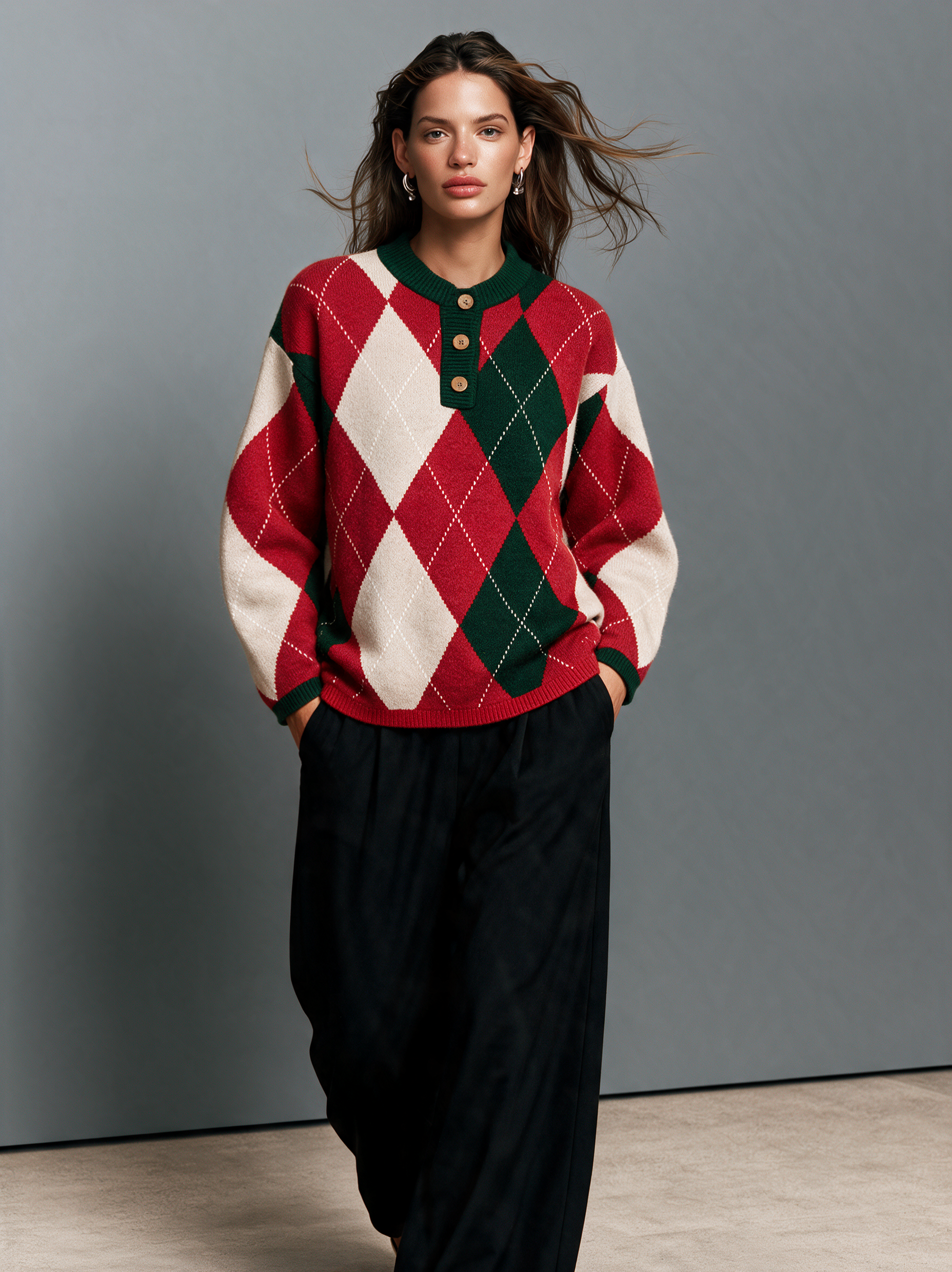 Women's Casual Long-Sleeve Knit Sweater In Red And White Christmas Colors