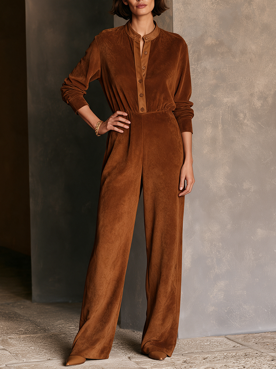 Women's Vintage-Style Faux Suede Long-Sleeve Jumpsuit