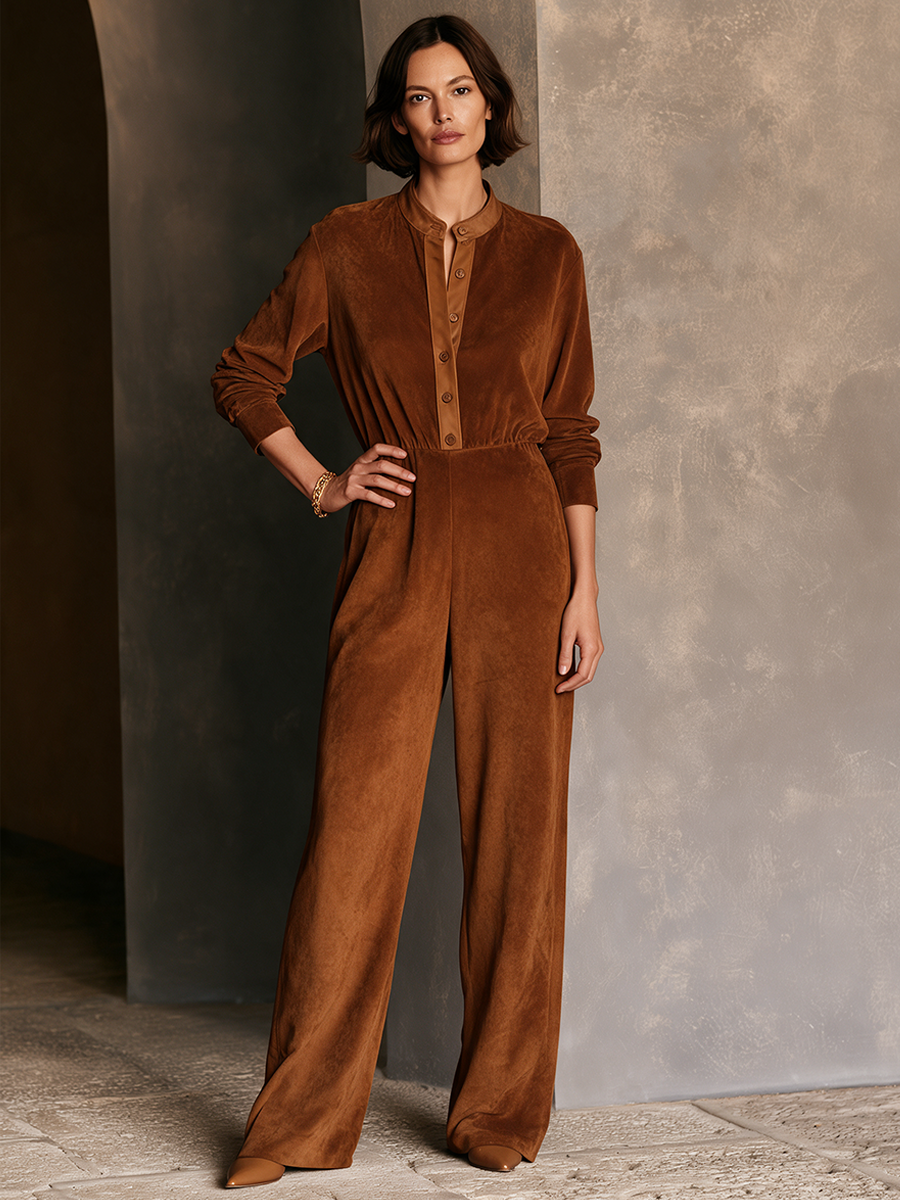 Women's Vintage-Style Faux Suede Long-Sleeve Jumpsuit