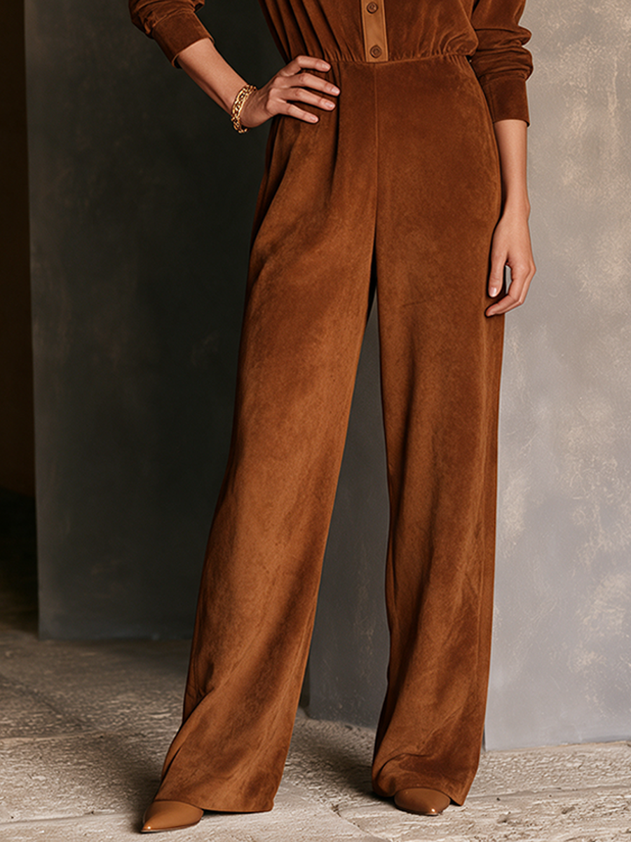 Women's Vintage-Style Faux Suede Long-Sleeve Jumpsuit