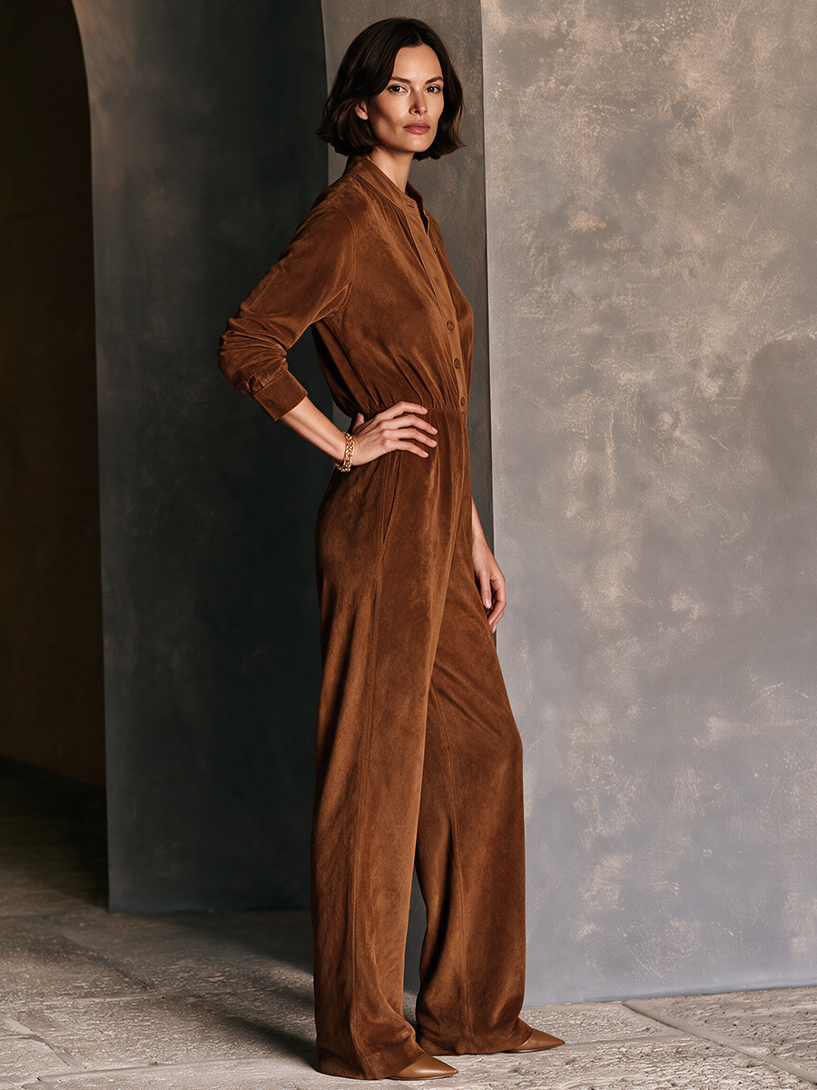 Women's Vintage-Style Faux Suede Long-Sleeve Jumpsuit