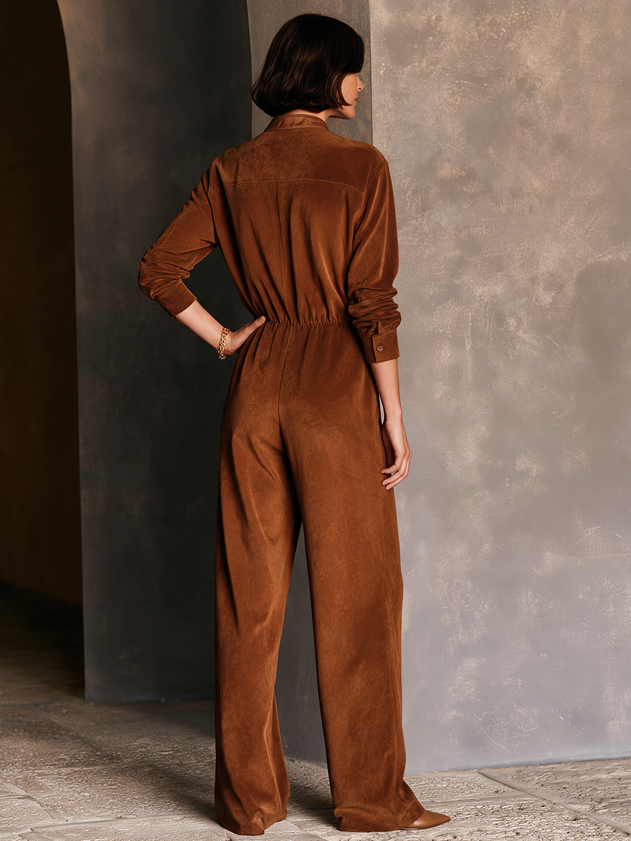 Women's Vintage-Style Faux Suede Long-Sleeve Jumpsuit