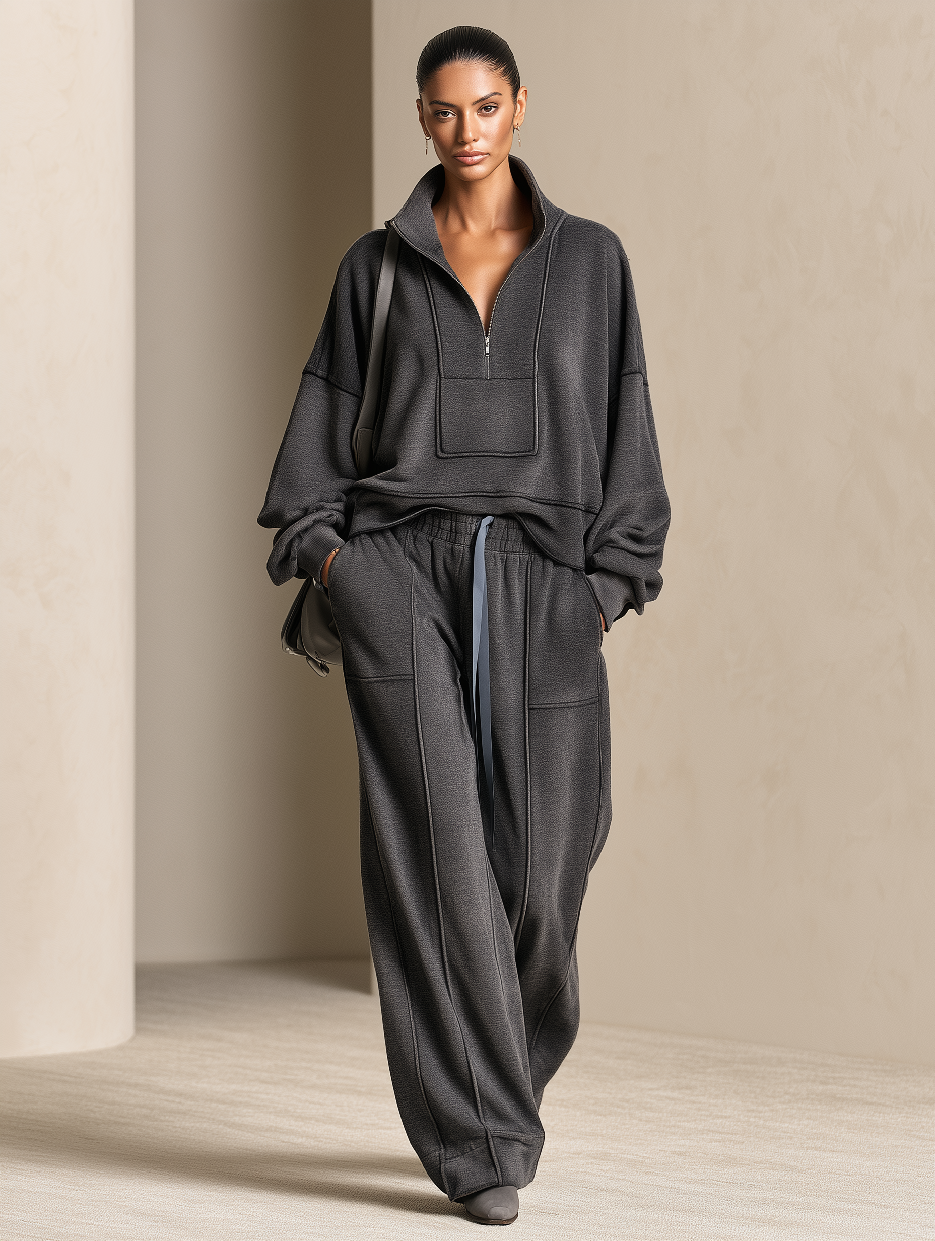 Women's Oversized Half-Zip Sweatshirt and Wide-Leg Pants Lounge Set