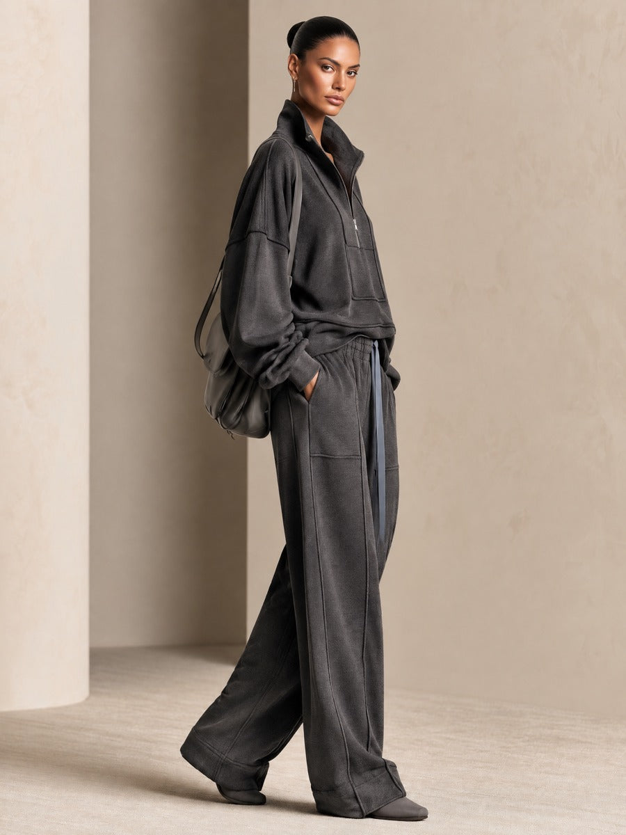 Women's Oversized Half-Zip Sweatshirt and Wide-Leg Pants Lounge Set