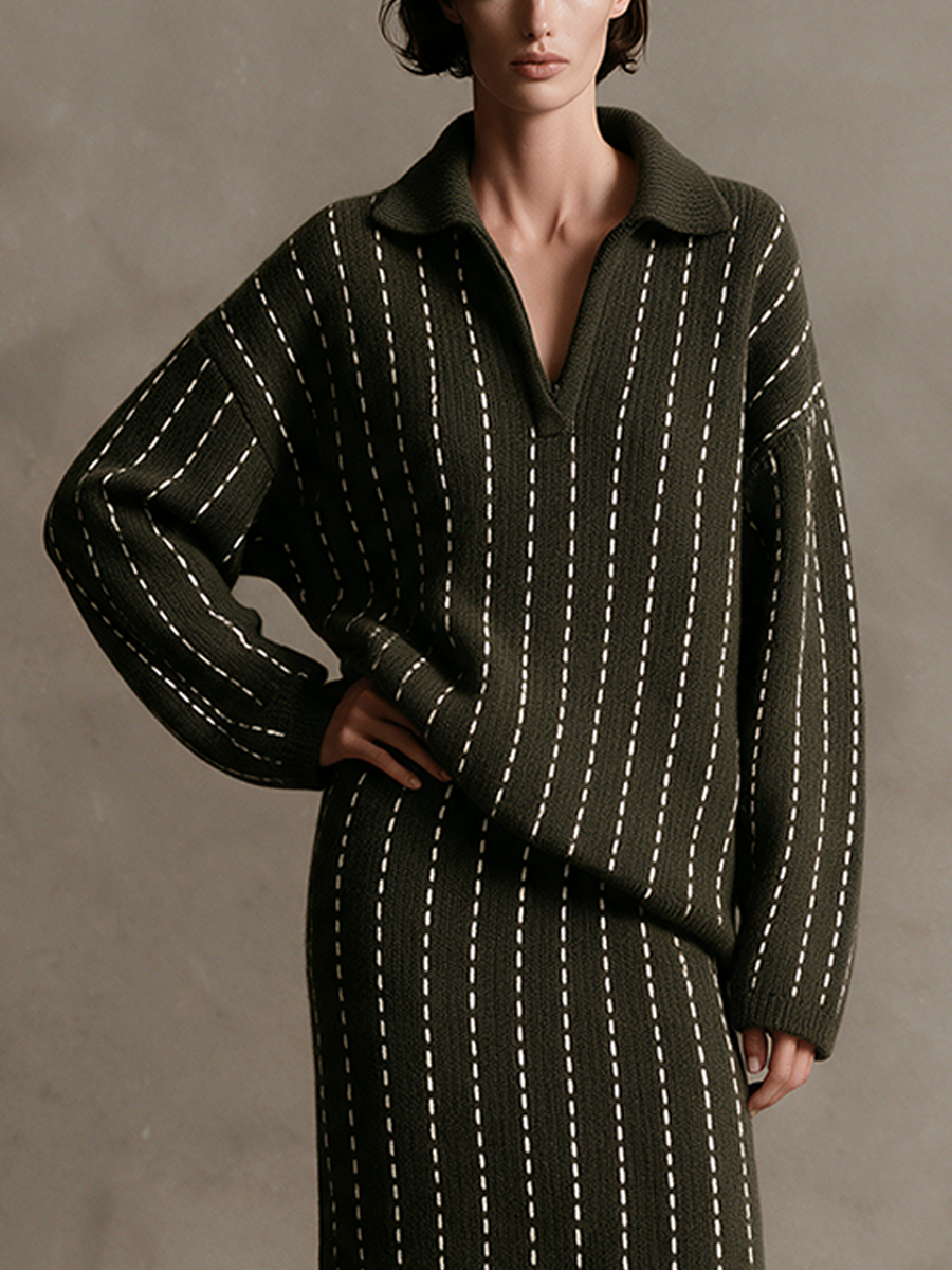 Women's Vintage Ribbed Knit Top & Skirt Two-Piece Set