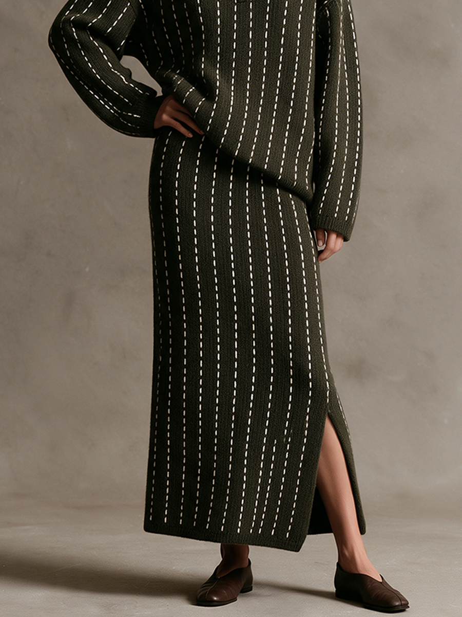 Women's Vintage Ribbed Knit Top & Skirt Two-Piece Set