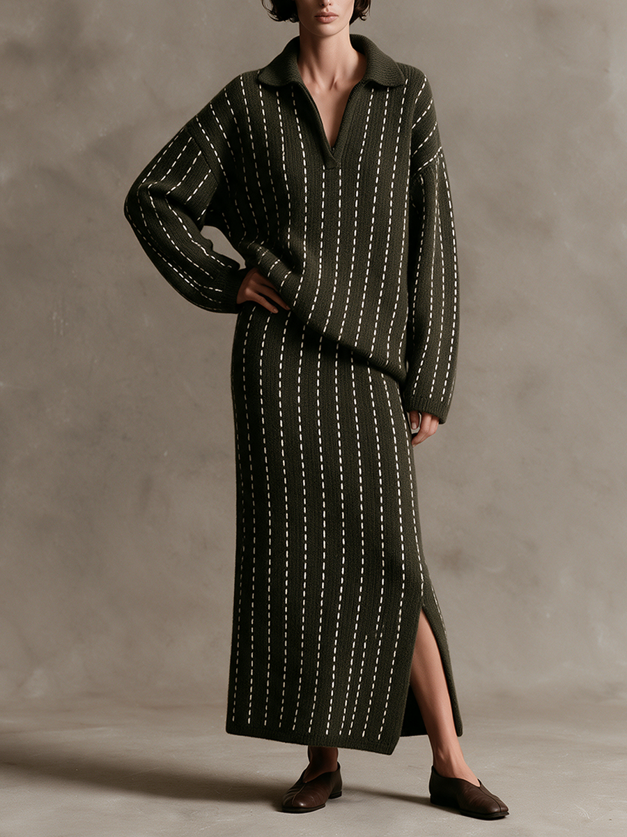 Women's Vintage Ribbed Knit Top & Skirt Two-Piece Set