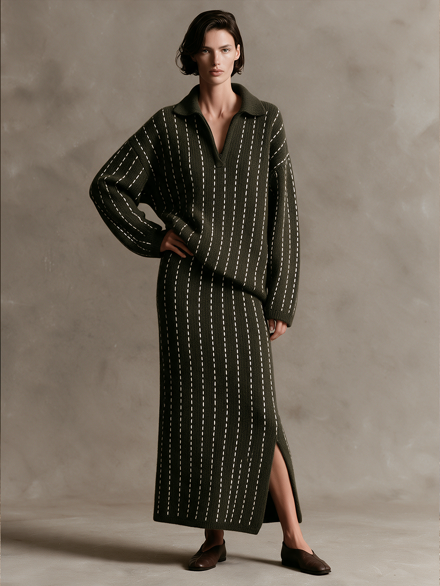 Women's Vintage Ribbed Knit Top & Skirt Two-Piece Set