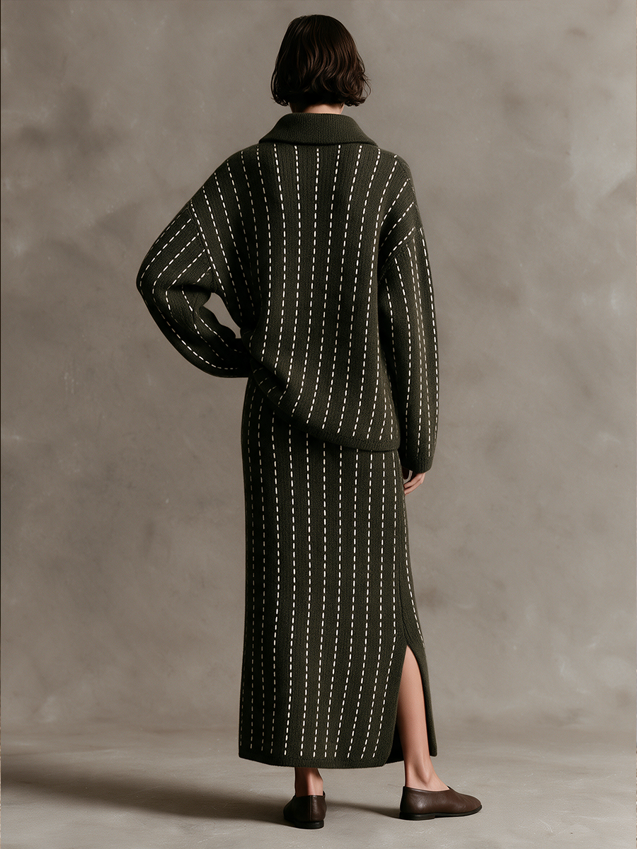 Women's Vintage Ribbed Knit Top & Skirt Two-Piece Set