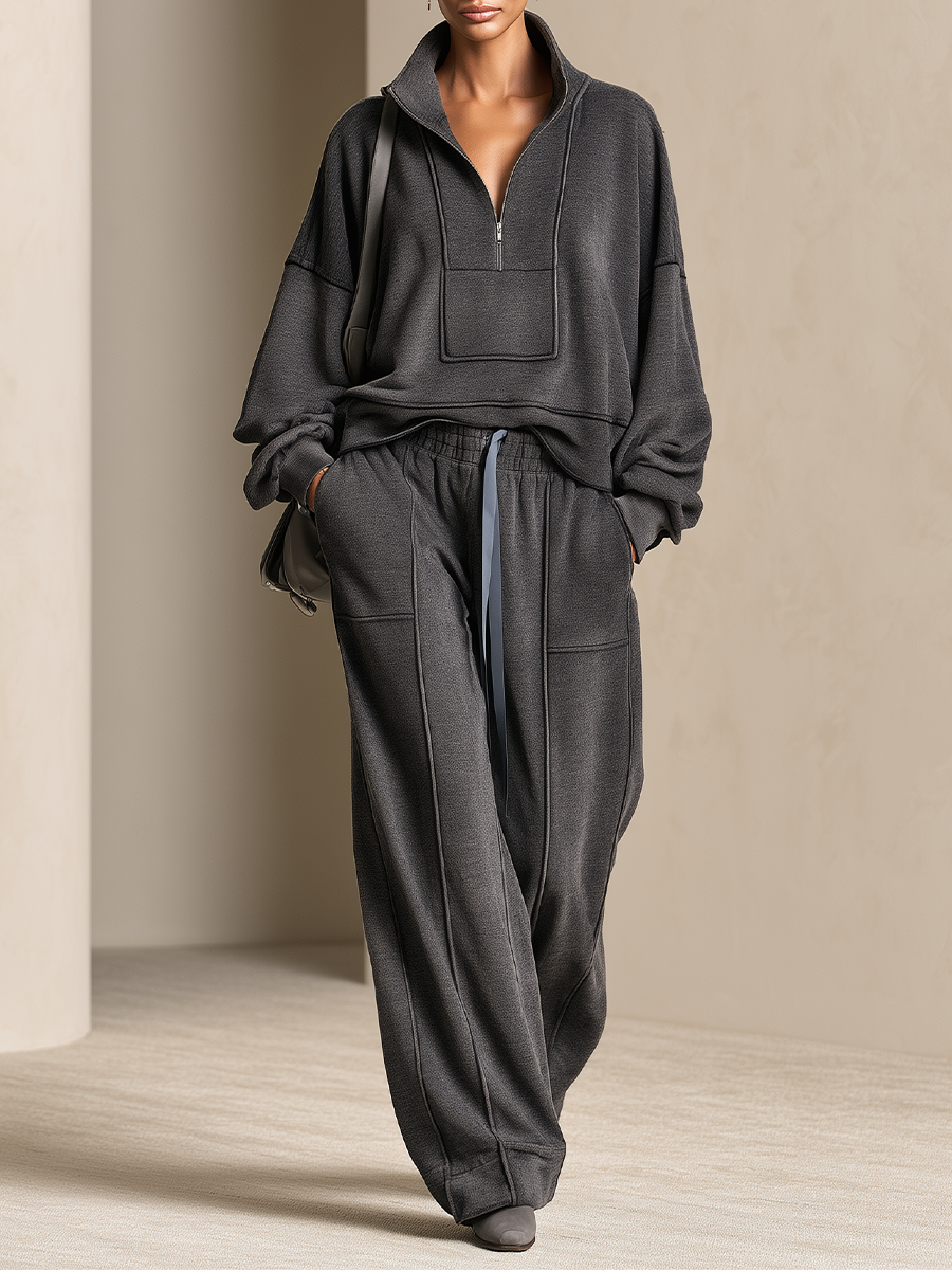 Women's Oversized Half-Zip Sweatshirt and Wide-Leg Pants Lounge Set