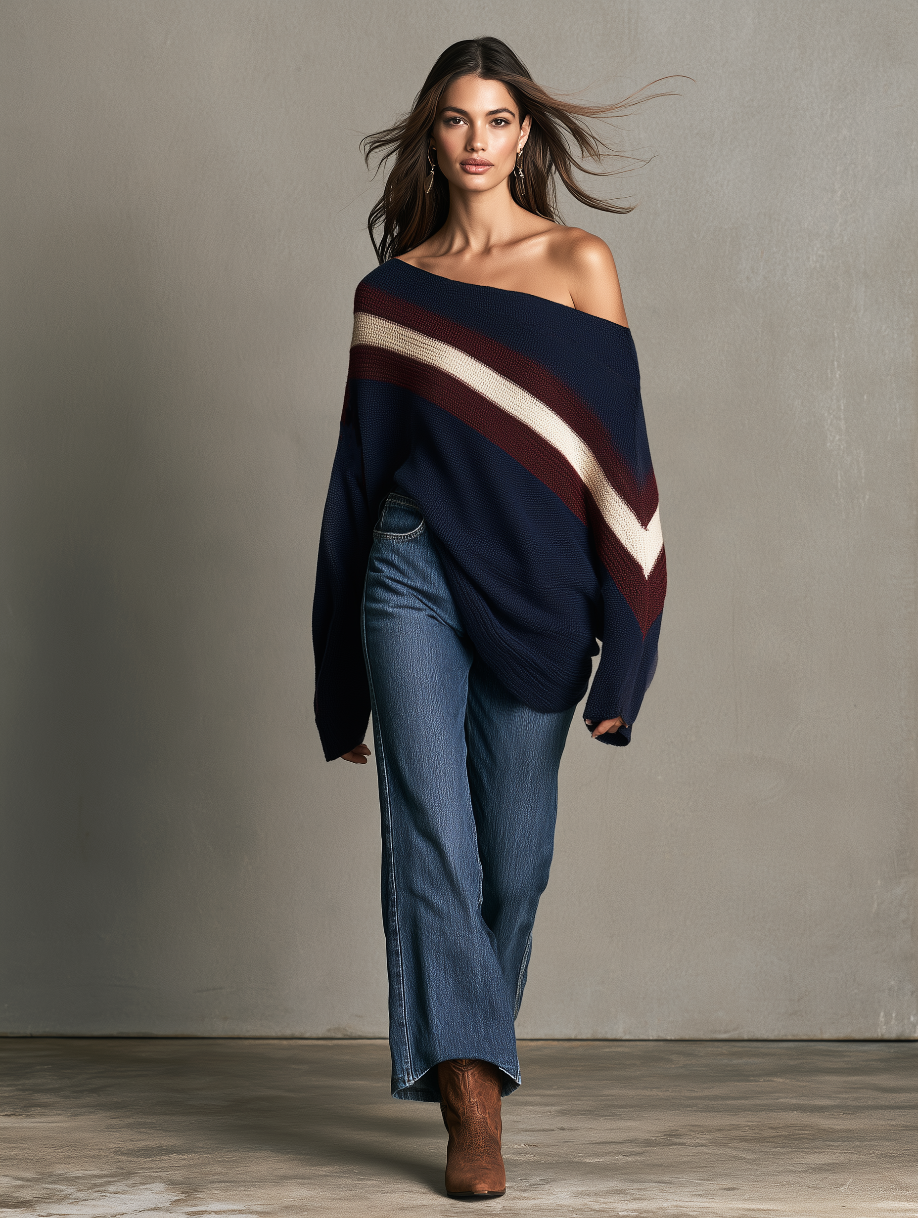 Women's Casual Navy Blue One-Shoulder Long-Sleeve Sweater