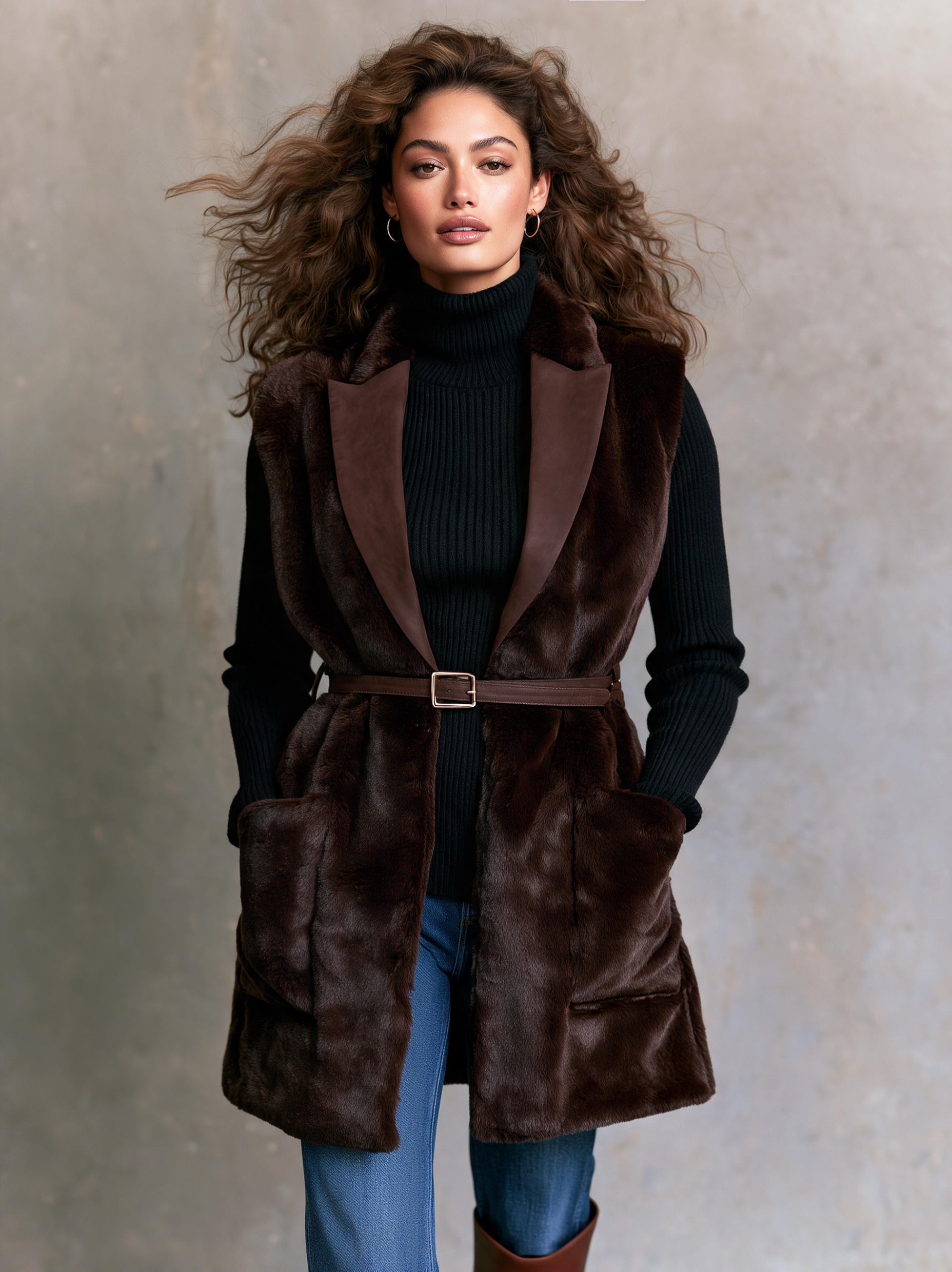 Women's Casual Dark Brown Faux Fur Sleeveless Coat (Belt Included)