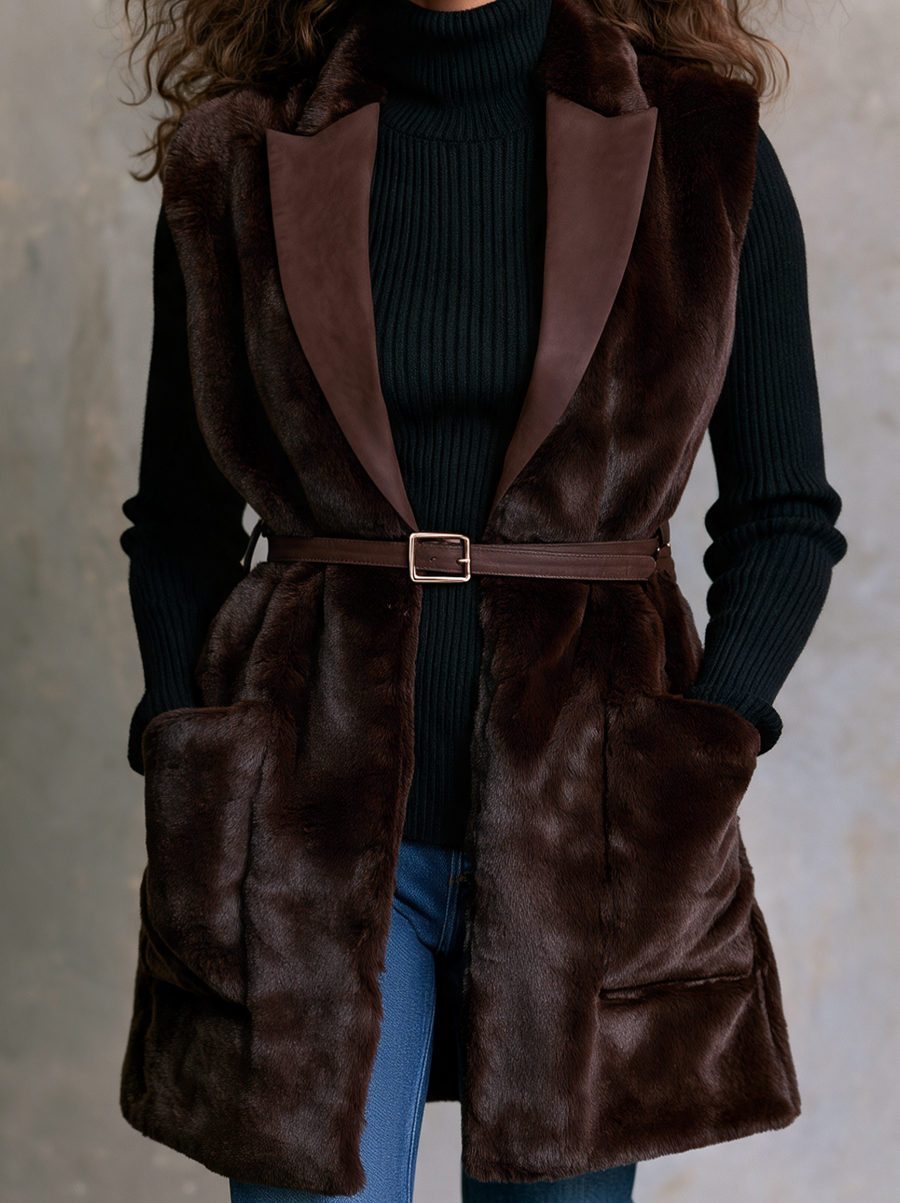 Women's Casual Dark Brown Faux Fur Sleeveless Coat (Belt Included)