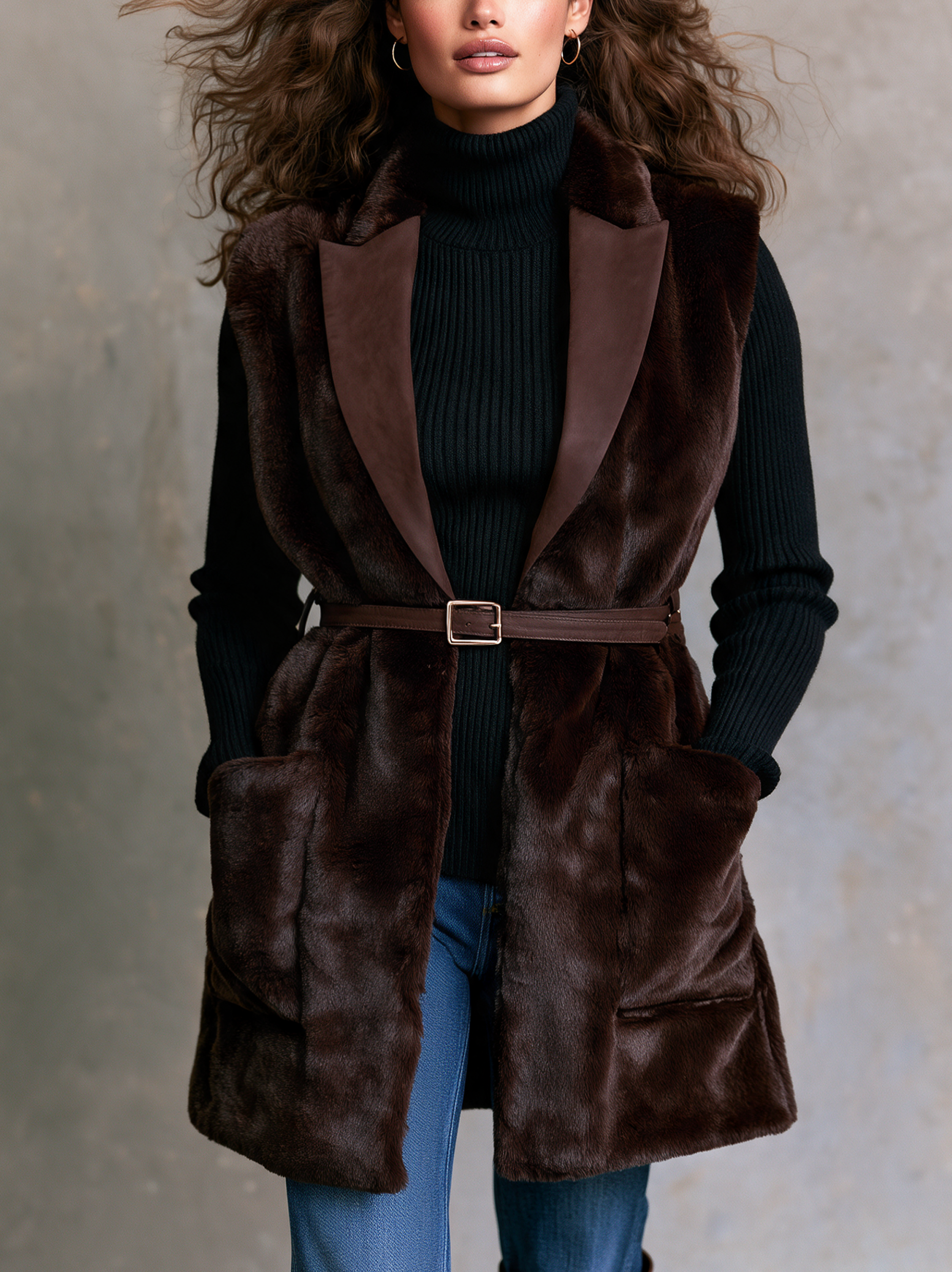 Women's Casual Dark Brown Faux Fur Sleeveless Coat (Belt Included)